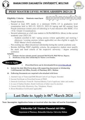 Bahauddin Zakariya University, Multan: PEEF Master Level Scholarships 2023-24