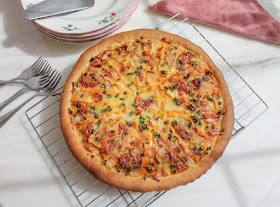 Food Lust People Love: This bacon leek flamiche is my version of a traditional French recipe, made with a springy yeast dough crust, topped with smoked bacon, leeks, green onions, cream and cheese.
