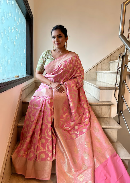 Pink katan silk jangla jaal saree