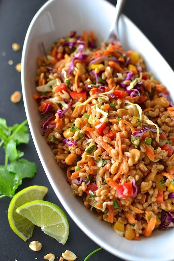 Crispy vegetables, crunchy peanuts, creamy dressing and chewy farro make this Rainbow Thai Farro Salad a perfect lunch or side dish.