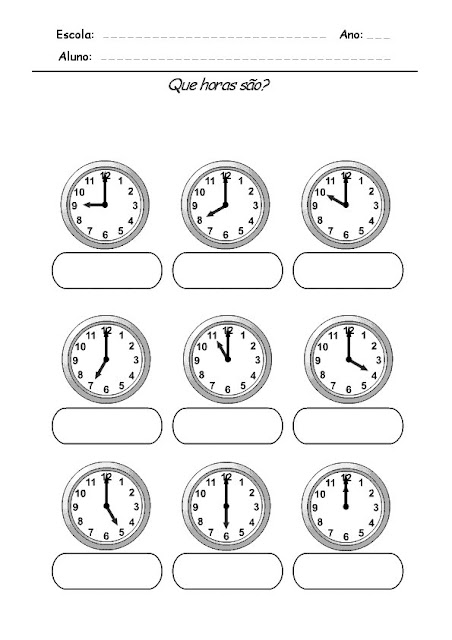Atividade com horas Relógios para Completar - Que horas são