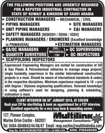 Urgent job requirement for Kuwait & KSA