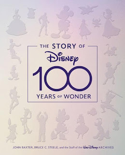 Book cover for The Story of Disney 100 Years of Wonder with shilloutes of Disney characters ringed along the edges of the book.