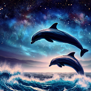 Delfines saltando bajo las estrellas