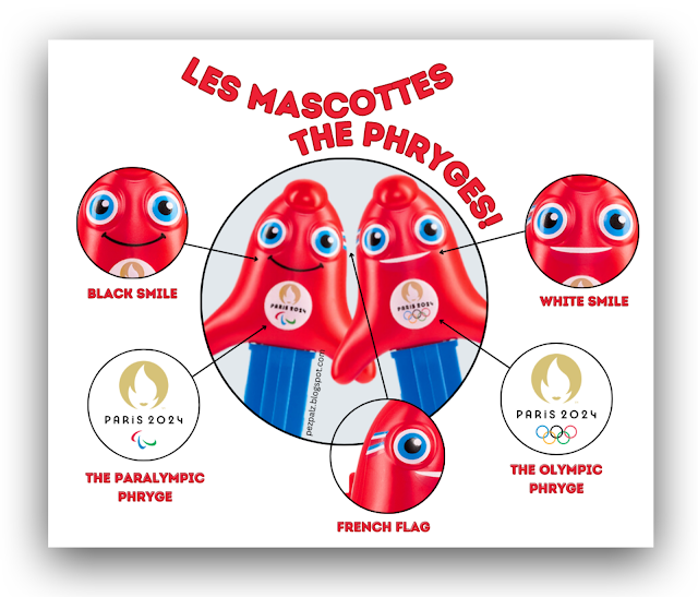 Image featuring PEZ Olympic Phryges dispensers. Two versions are depicted, each flaunting unique smiles, logos, and the French flag, emphasizing the distinctive characteristics of these collectibles.