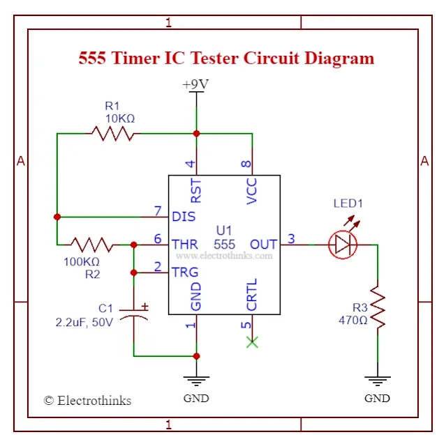 Schematic of 555 Timer IC Tester Circuit