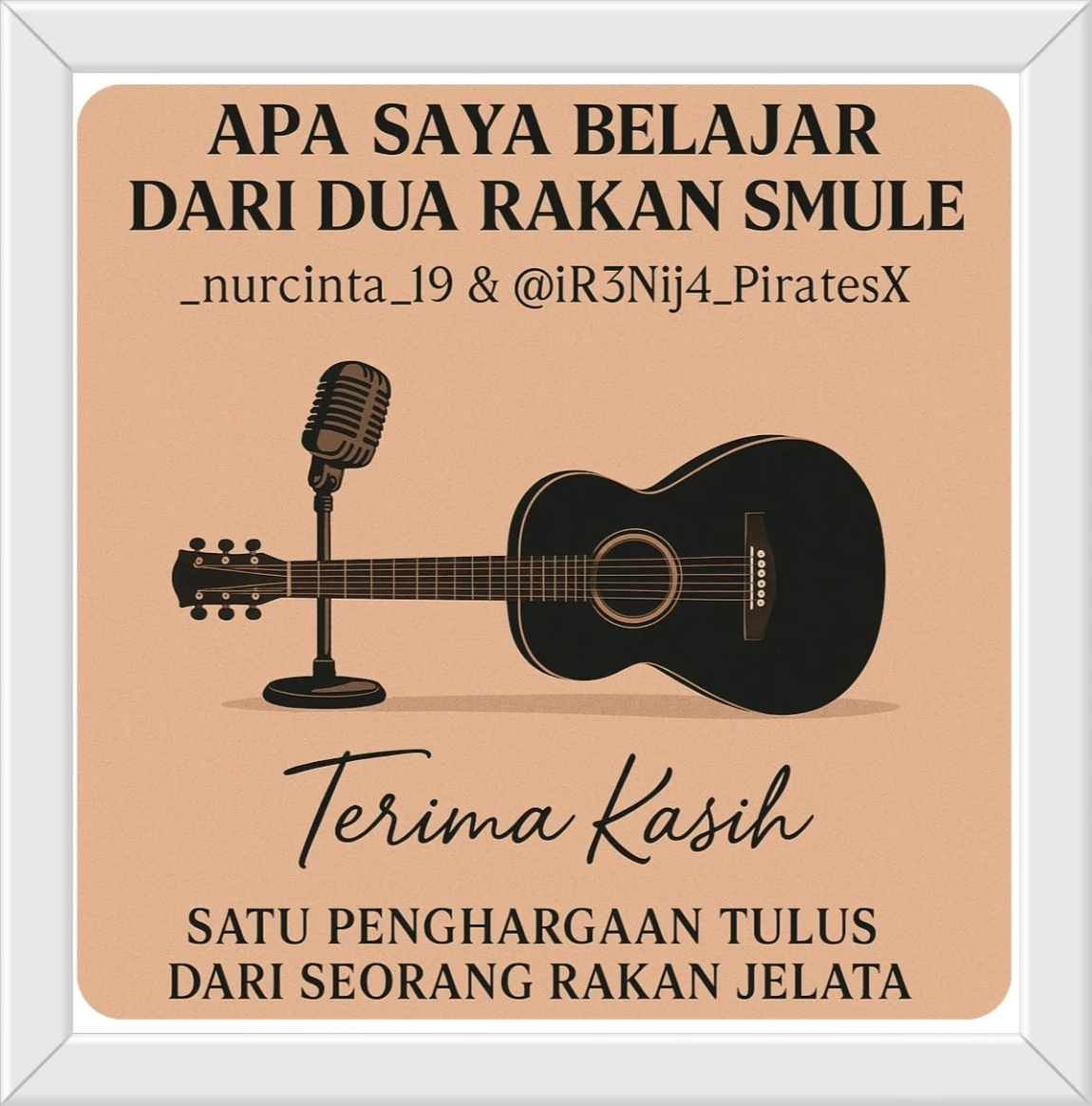Ilustrasi digital penuh emosi menampilkan rasa penghargaan dan persahabatan dua penyanyi dari aplikasi Smule, yang memberikan makna mendalam kepada penulis dalam dunia nyanyian sunyi