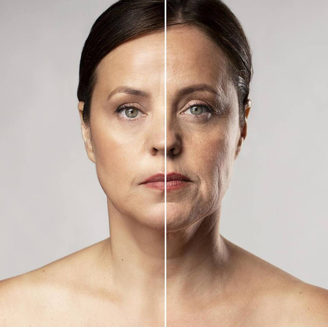 Rosto de mulher com a face esquerda normal e a direita envelhecida.
