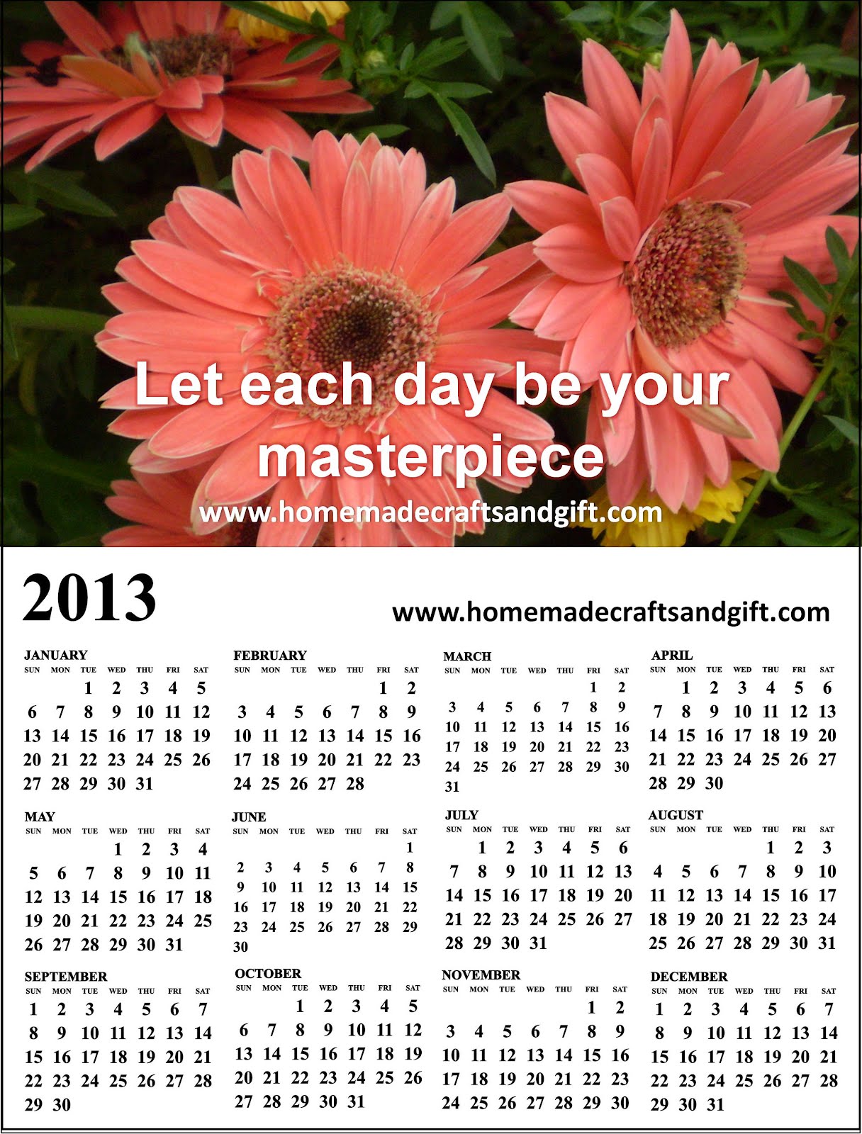 Free 2013 Calendars, Bookmarks, Cards: Big A4 size Calendar 2013 ...