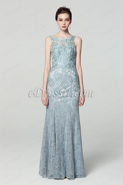 grey lace applique evening dress