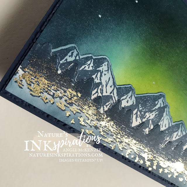 By Angie McKenzie for Ink and Inspiration Blog Hop; Click READ or VISIT to go to my blog for details! Featuring the Mountain Air Stamp Set, Majestic Mountain Dies, Evergreen Forest 3D Embossing Folder using the Northern Lights Technique with Gilded Leafing accents by Stampin' Up!®; #mountainairstampset #handpennedpetalsstampset #majesticmountaindies #mountainairbundle #anythingispossible  #stampinupcolorcoordination #inkandinspirationbloghop #stampingtechniques #occasioncards #northernlights #nature #naturesinkspirations #20202021annualcatalog #20212022annualcatalog #bloghops #iibh #stampinup  #handmadecards #gildedleafing #blendingbrushes