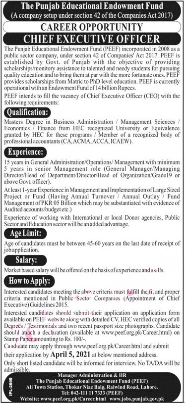 Latest Jobs in Punjab Educational Endowment Fund Peef Lahore