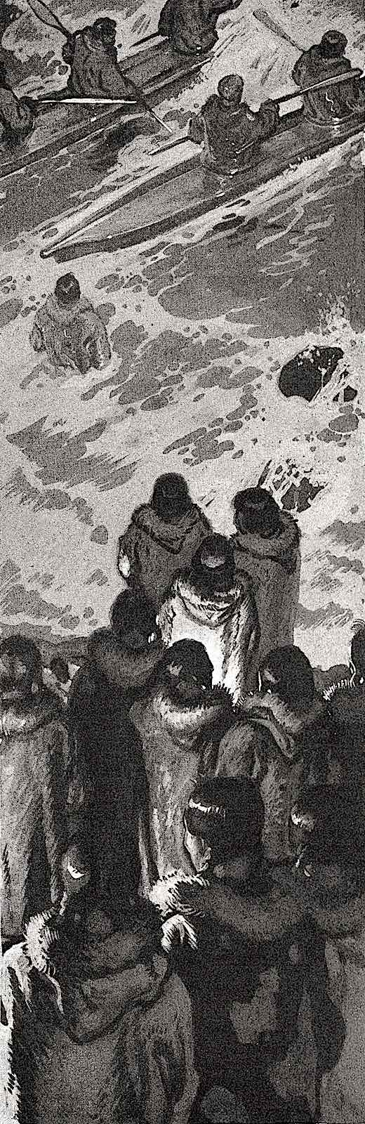 a Harold Von Schmidt illustration of Innuit people, a birdseye view