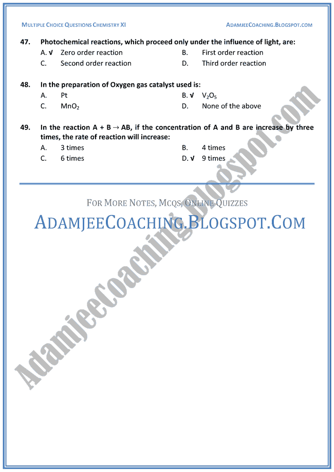 XI Chemistry MCQs - Introduction To Chemical Kinetics