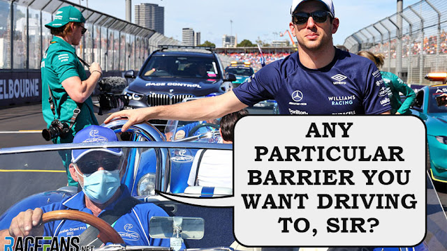 A relaxed Nicholas Latifi lounging in the back of a car at the Australian grand prix, with a face-masked driver asking "Any particular barrier you want driving to, sir?"
