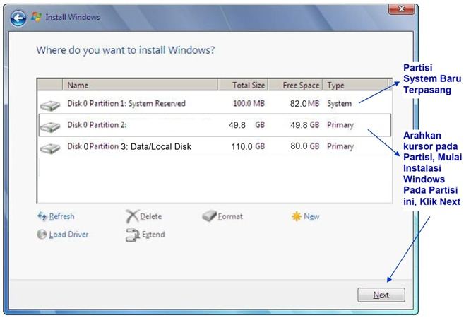 cara instal windows 7 partisi baru