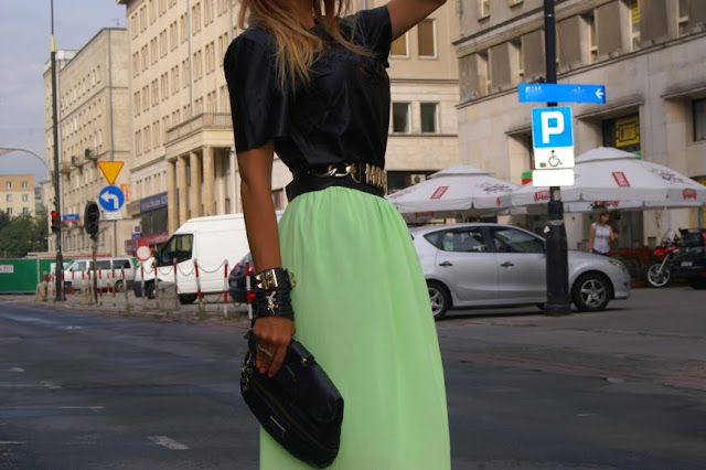 neon skirt  and leather top