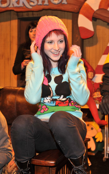 Hayley Williams in pink hat and blue sweater pic found on the internets