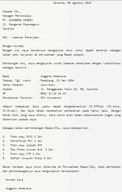 Contoh Membuat Surat Lamaran Kerja Tanpa Pengalaman Kerja 