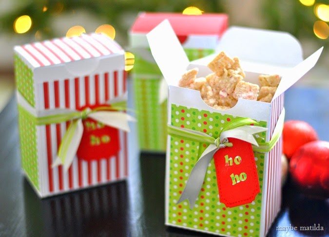 White Chocolate Peppermint Chex Mix and DIY favor boxes. Perfect party favor or neighbor gift for the holidays!