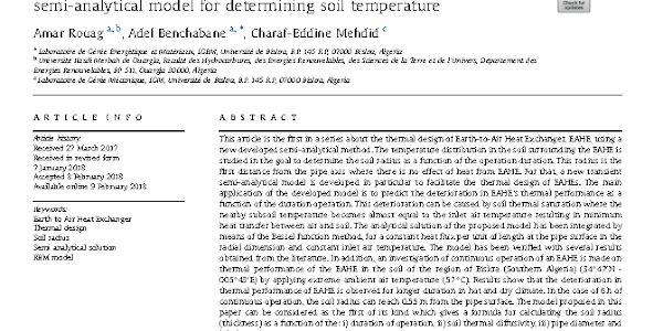  Thermal design of Earth-to-Air Heat Exchanger. Part I a new transient semi-analytical model for determining soil temperature by Amar Rouag and Adel Benchabane and Charaf-Eddine Mehdid