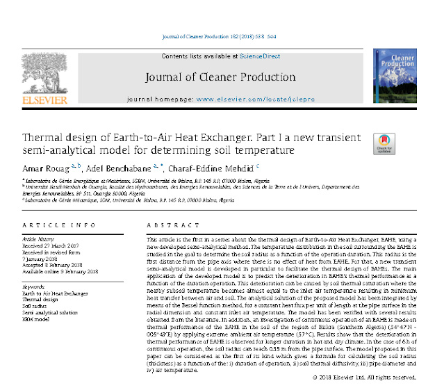 Thermal design of Earth-to-Air Heat Exchanger. Part I a new transient semi-analytical model for determining soil temperature by Amar Rouag and Adel Benchabane and Charaf-Eddine Mehdid