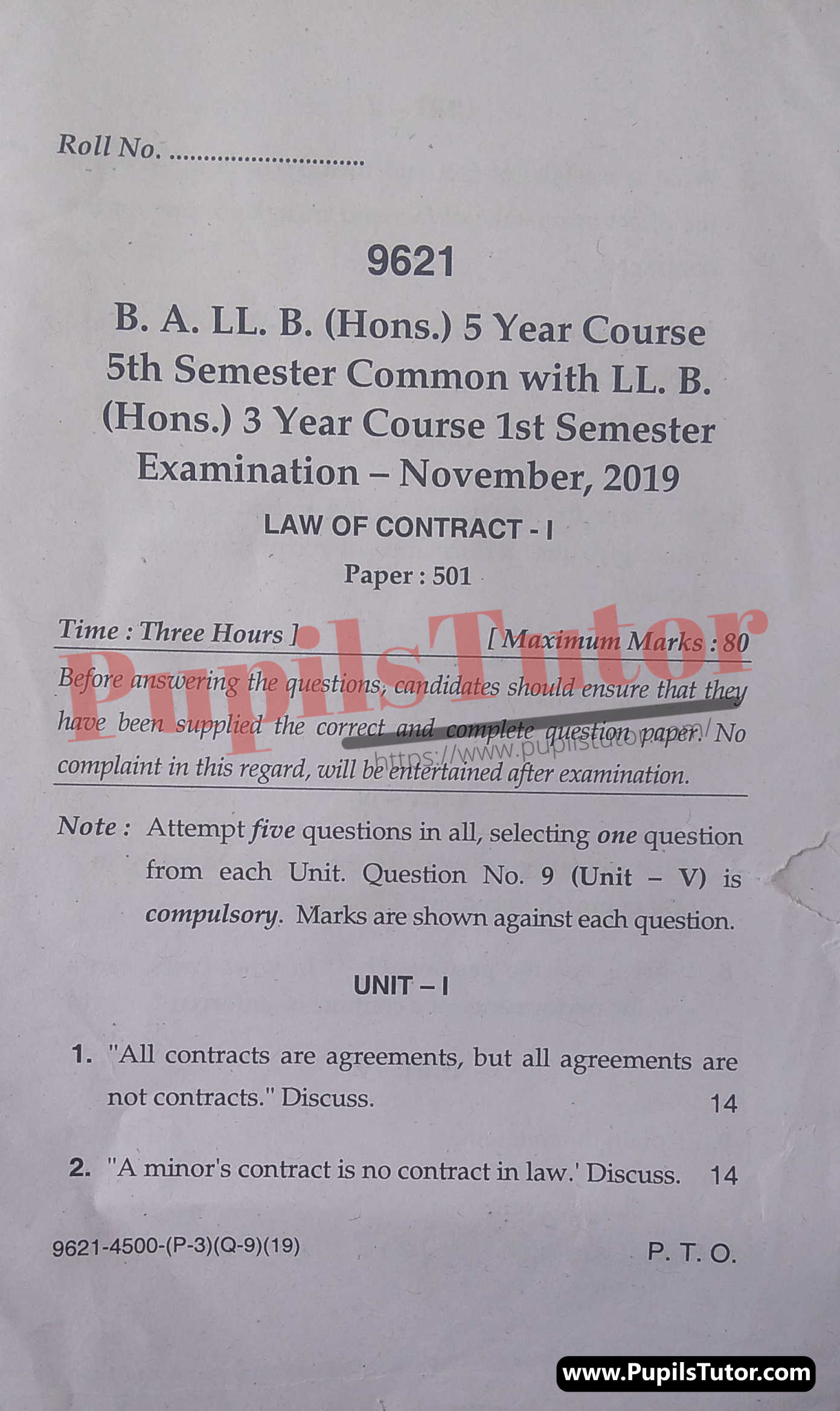 MDU (Maharshi Dayanand University, Rohtak Haryana) LLB Regular Exam (Hons.) First Semester Previous Year Law Of Contract Question Paper For November, 2019 Exam (Question Paper Page 1) - pupilstutor.com