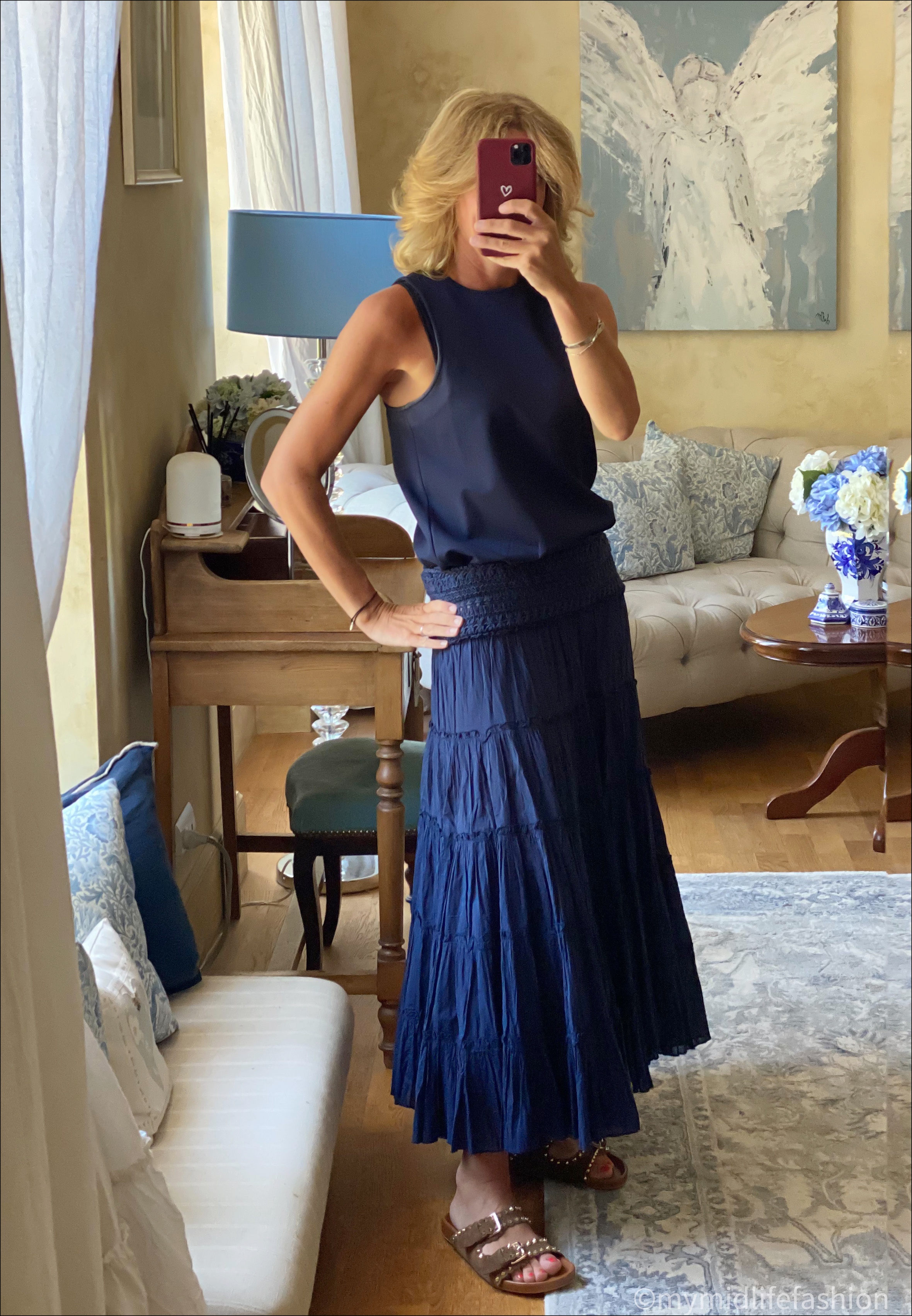 my midlife fashion, tibi shell top, cotton tiered maxi skirt, studded suede sliders