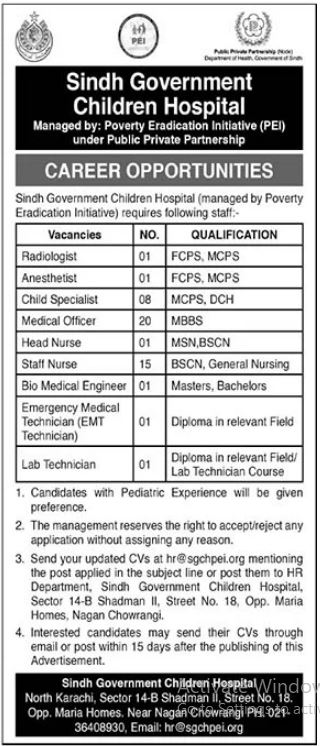 Latest Sindh Government Children Hospital Medical Posts Karachi 2023