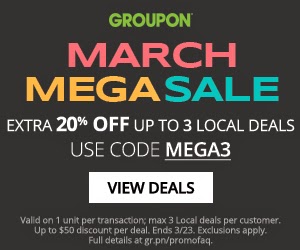 Groupon March Mega Sale Extra 20% Off 3 Local Deals Promo Code
