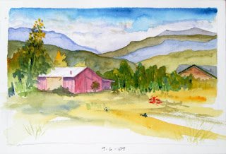 Watercolor and pencil Plein Air Sketch, 'Red Barn September' by Steve Penberthy