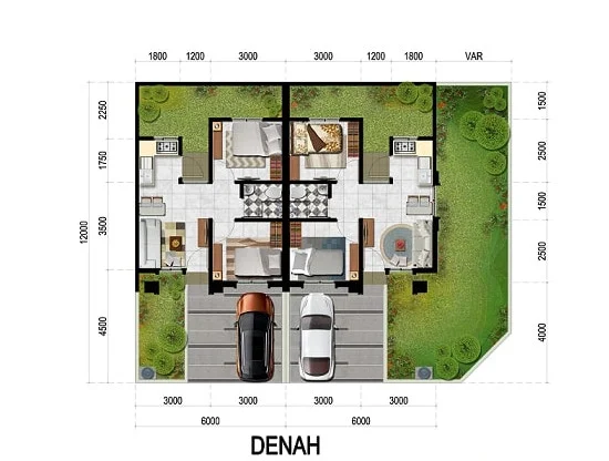Denah rumah minimalis ukuran 6x12 meter 1 lantai 2 kamar tidur