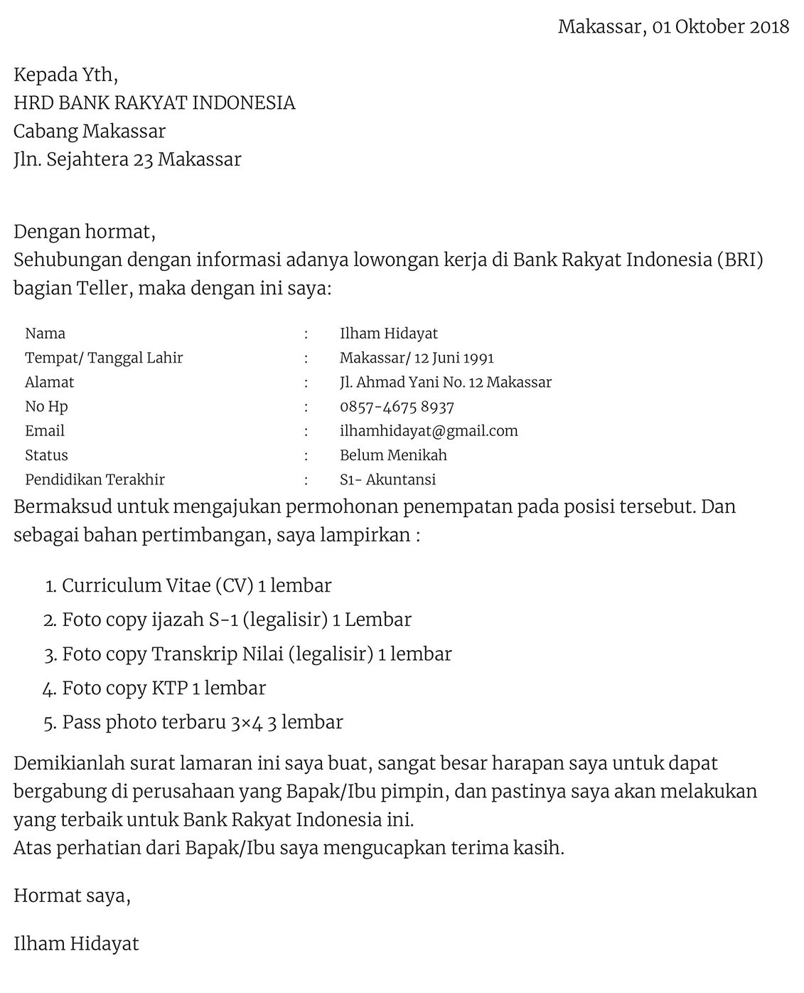 Contoh Surat Lamaran Kerja Lowongan Kerja Kalimantan Tengah