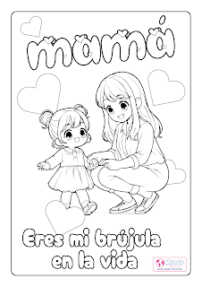 Día de la Madre imagen para colorear de niña y mamá