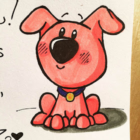 Ink and marker drawing of a cute and smiling pink puppy dog for a lunchbox note