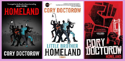 portadas de la novela de ciencia ficción distópica juvenil Homeland, de Cory Doctorow