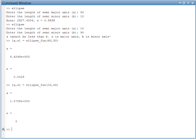 Matlab session on calculating the area and eccentricity of ellipse using Matlab