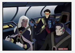 Storm, Cyclops, Nightcrawler and Wolverine gathered in the Blackbird's cockpit and looking concerned.