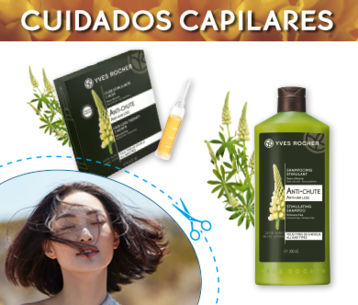 Imagem do resto de uma jovem com os olhos fechados e rosto bem iluminado com o cabelo ao vento, e dois produtos de Cuidados  Capilares Antiqueda de Yves Rocher