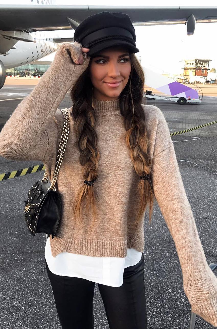 trendy outfit / bag + nude sweater + white top + black skinnies