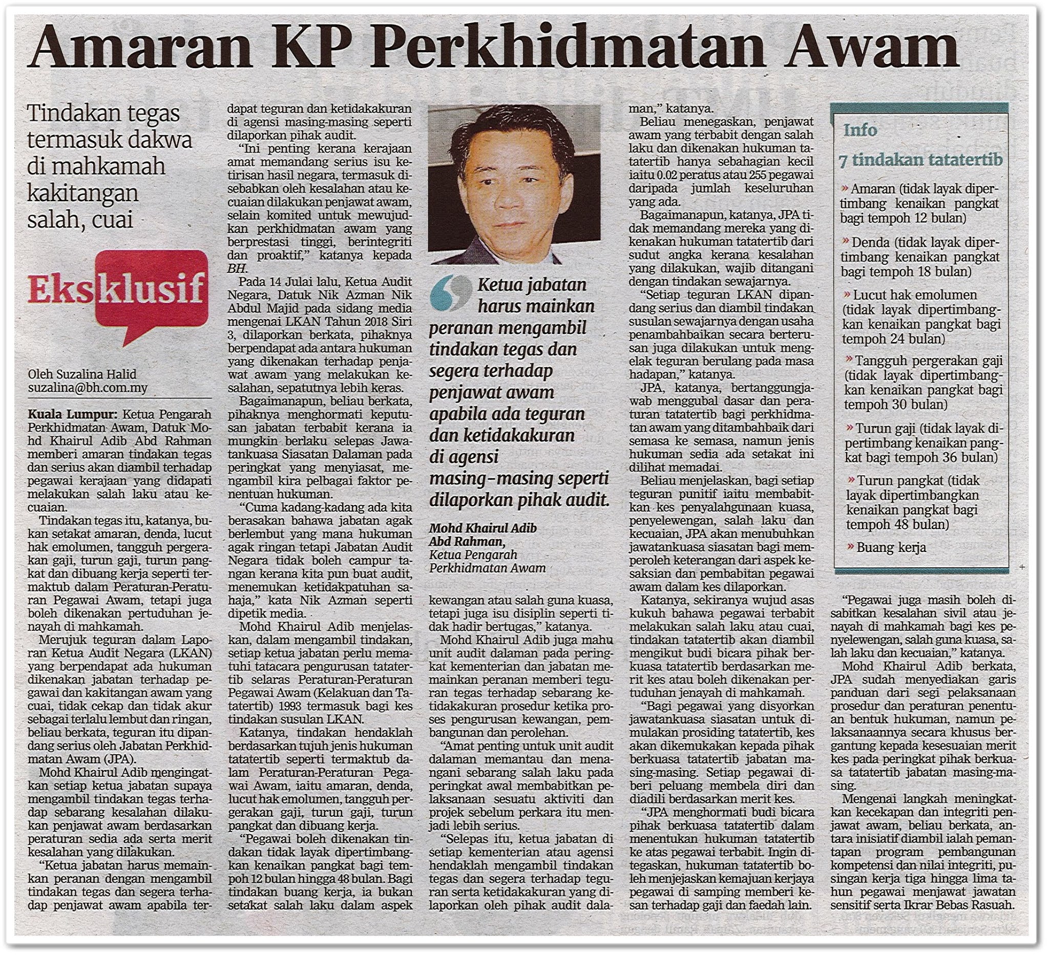 Amaran KP Perkhidmatan Awam - Keratan akhbar Berita Harian 20 Julai 2020