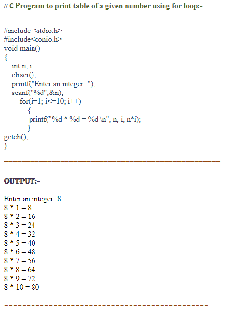 C Program to print table of a given number using for loop
