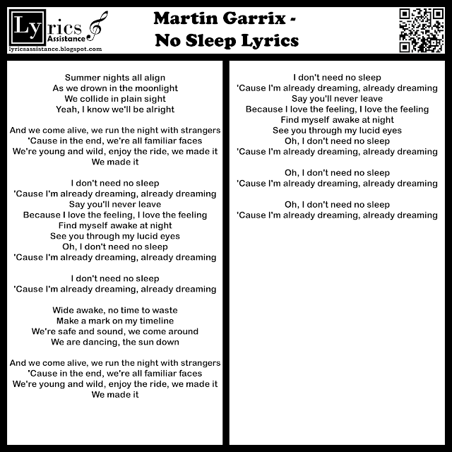 Martin Garrix - No Sleep Lyrics | lyricsassistance.blogspot.com