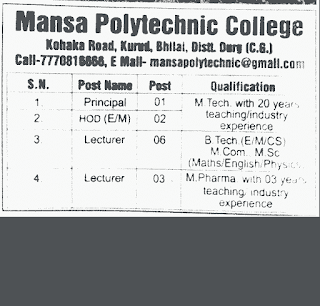 MANSA POLYTECHNIC COLLEGE VACANCY 2023 | मनसा पॉलिटेक्निक कॉलेज दुर्ग में विभिन्न शैक्षणिक पदों की वैकेंसी