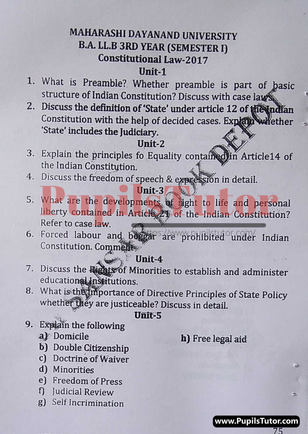 MDU (Maharshi Dayanand University, Rohtak Haryana) LLB Regular Exam (Hons.) First Semester Previous Year Constitutional Law Question Paper For 2017 Exam (Question Paper Page 1) - pupilstutor.com