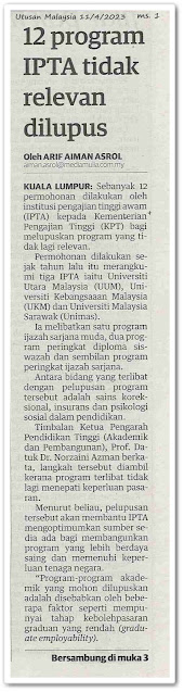12 program IPTA tidak relevan dilupus  - Keratan akhbar Utusan Malaysia 11 April 2023