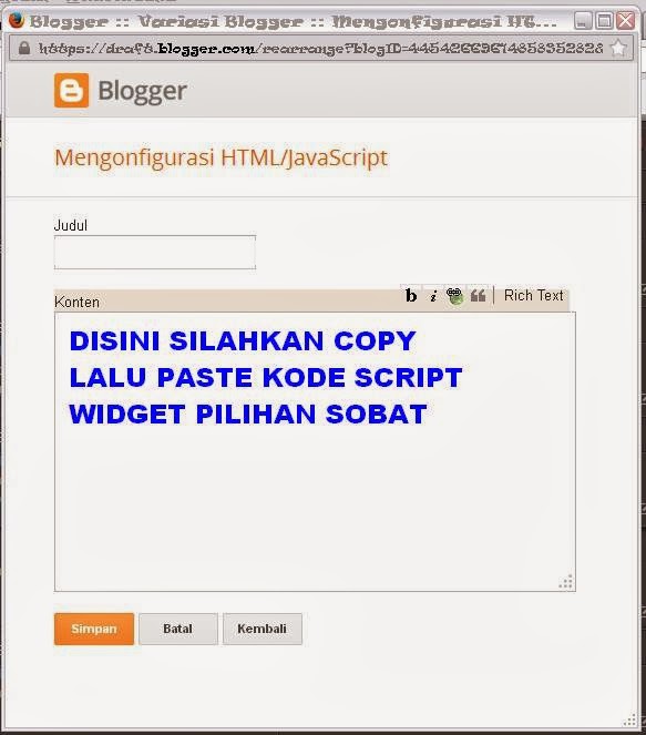 Cara Memasang Kode Script Widget di blogspot