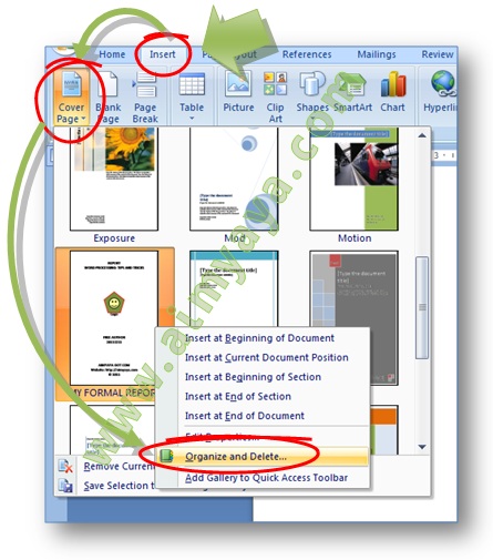 Gambar: Cara mengatur atau menghapus cover page atau halaman sampul di Microsoft Word 2007