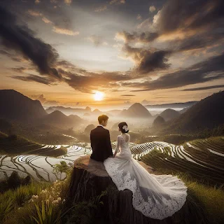 Prompt Bing Image Creator Bahasa Indonesia - foto asli prewedding di alam pada pedesaan indonesia