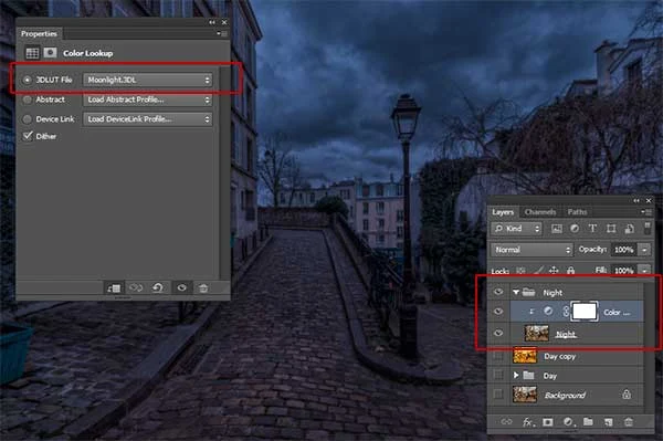Add Color Lookup (Layer>New Adjustment Layer>Color Lookup). Choose Moonlight.